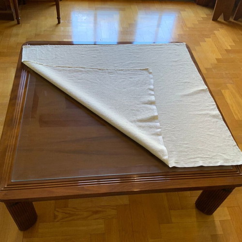 Handmade coffee table like new, solid iroko wood with glass