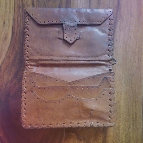 Vintage leather wallet used, beige and brown