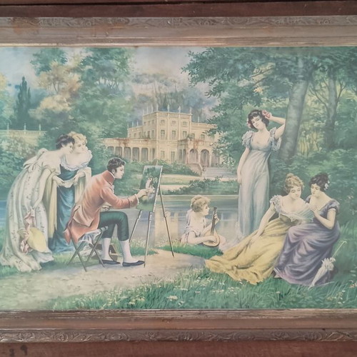 Vintage offset lithograph print of romantic scene, 85×41cm
