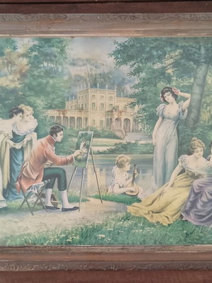 Vintage offset lithograph print of romantic scene, 85×41cm