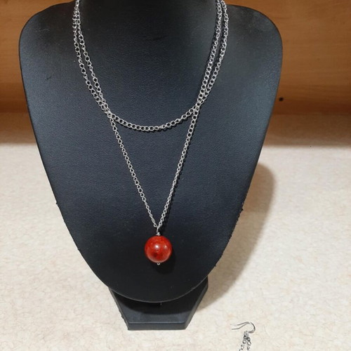 Necklace and earrings with coral in steel, new, 70 cm long