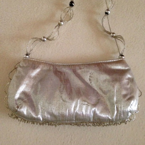 Vintage evening bag used, silver with beads