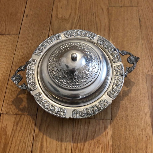 Antique Silver-Colored Covered Bowl used, decorative with embossed designs