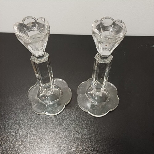 Crystal candlesticks set used, two pieces with flower design