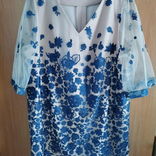 Handmade beige dress with blue embroidery and tulle, size XL