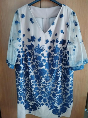Handmade beige dress with blue embroidery and tulle, size XL