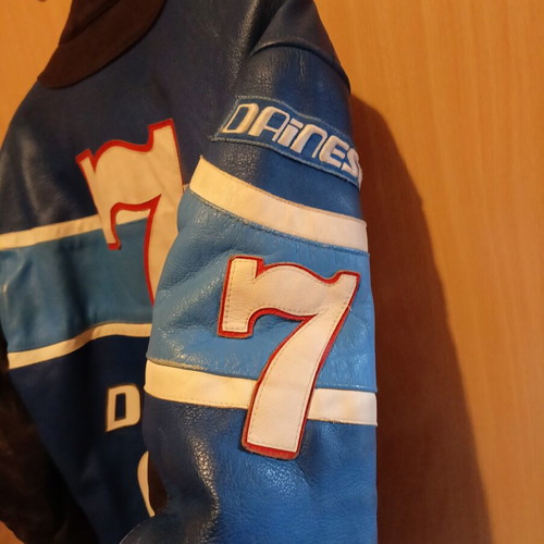 Dainese leather motorcycle jacket used with elbow protectors and zipper