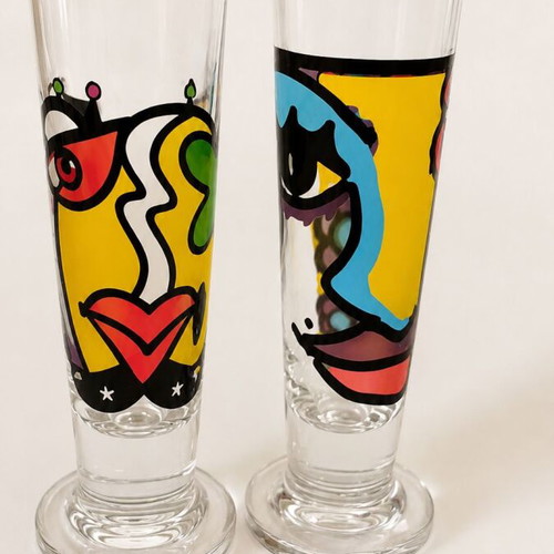 Set of 2 vintage glass liqueur glasses with pop art designs