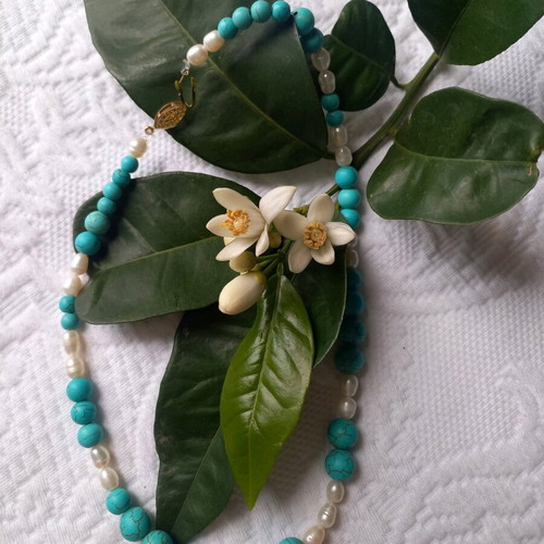 Necklace with freshwater pearls and turquoise 45cm like new