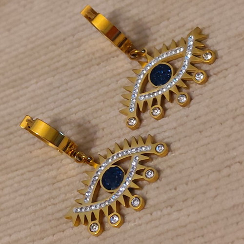Stainless Steel Eye Earrings with Blue Iris and Zirconia, Boho Chic Glam