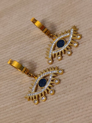 Stainless Steel Eye Earrings with Blue Iris and Zirconia, Boho Chic Glam