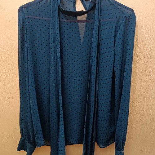 Transparent petrol blouse with polka dots and integrated scarf, like new