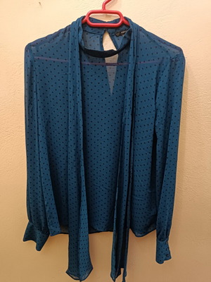 Transparent petrol blouse with polka dots and integrated scarf, like new
