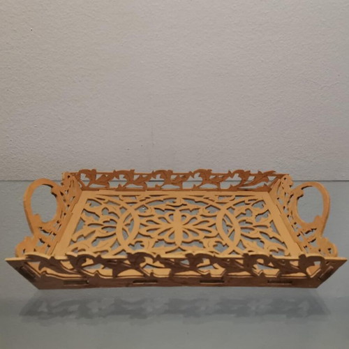 Wooden tray and basket set used, vintage with pierced decoration