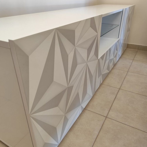 Modern TV stand with geometric design, white and grey