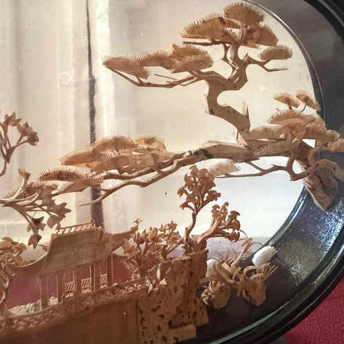 Vintage 3D Cork Frame new, 1970s-80s Chinese Hand-Carved Art
