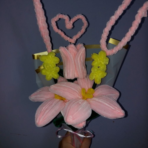 Handmade flower bouquet in pink and yellow shades
