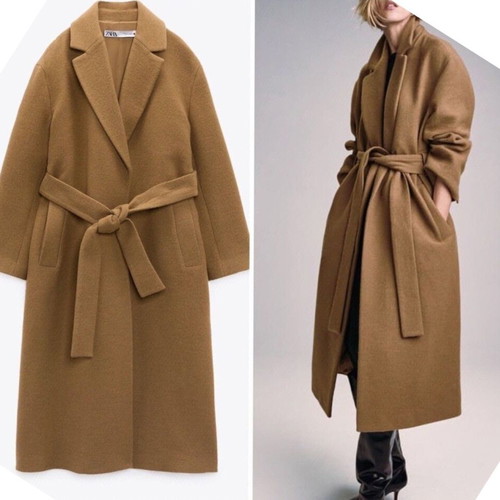 Zara camel long coat 48% wool new, size XS
