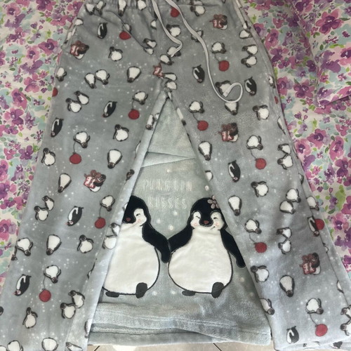 Vienetta Secret fleece pajama set gray, new, size S with penguin design