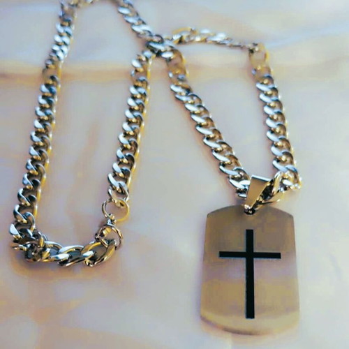 Stainless Steel Cross Necklace with Black Details new