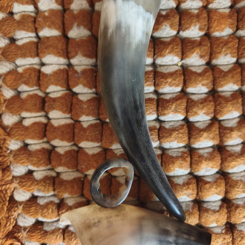 Viking drinking horn with stand, natural buffalo horn