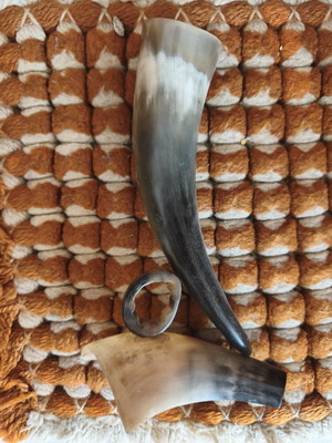 Viking drinking horn with stand, natural buffalo horn
