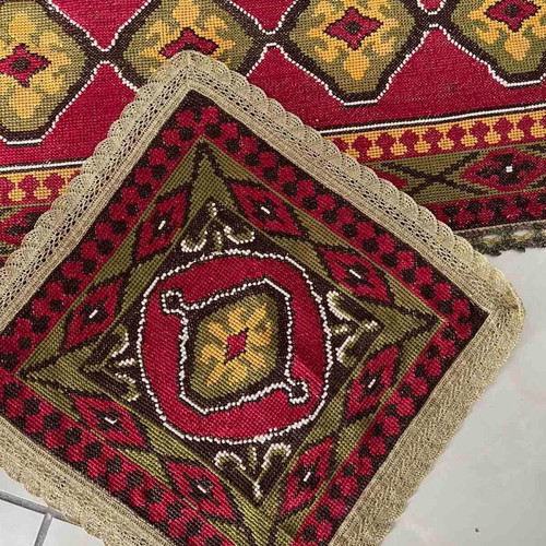 Vintage embroidery set used, table runner and square doily with trim