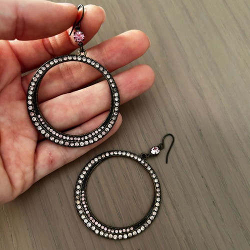 Earrings used with pink rhinestones and dark-colored clasp