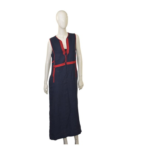 Ancient Kallos Athena Cord Long Linen Dress Blue with Red Embroidery M Like New
