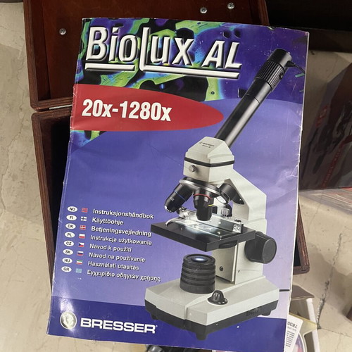 Bresser Biolux AL Microscope new, 20x-1280x, vintage 2004, wooden case