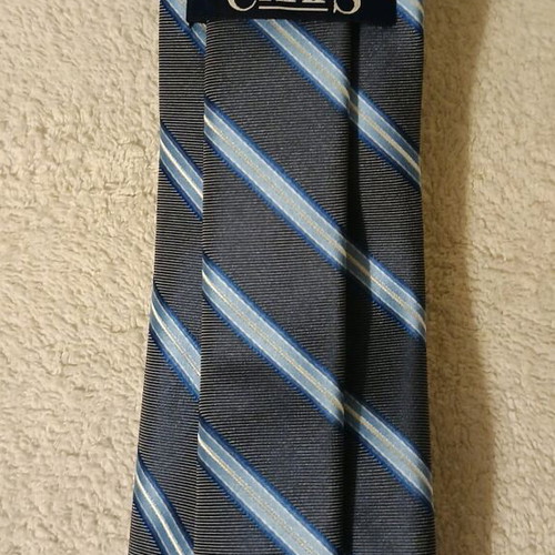 Chaps men's tie new, dark blue with light blue and yellow stripes