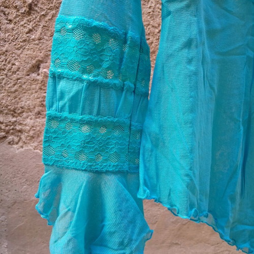 Asymmetric Sheer Blouse Turquoise new, size Small