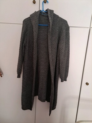Knitted long gray cardigan with hood like new