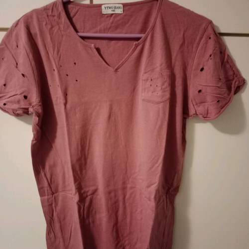 T-shirt with open V like new, size large with distressed details
