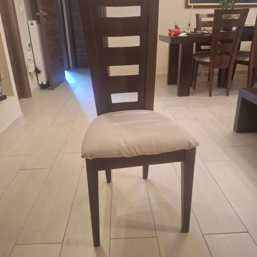 Set of 6 wooden dining chairs, dark wood with light fabric