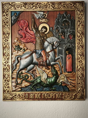 Saint George carved artwork on cherry wood gilded, new