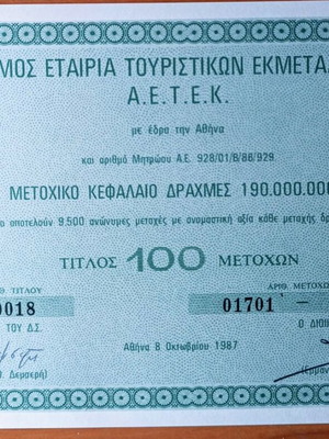 Μετοχή ΑΕΤΕΚ 1987 καινούργια, τίτλος 100 μετοχών