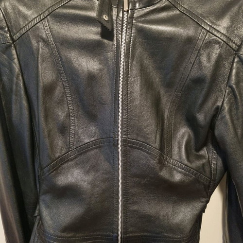 Mid-length leather jacket with mao collar size 46 like new, black