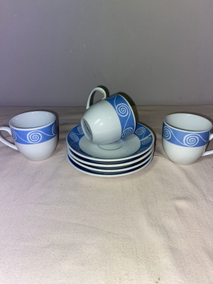 Matilda Line Vintage Espresso Cup Set used, porcelain, 3 cups 4 saucers