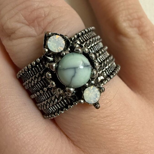Vintage steel ring carved new with semi-precious gemstones