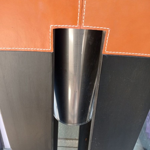 Decorative floor planter used, wood, leather, metal