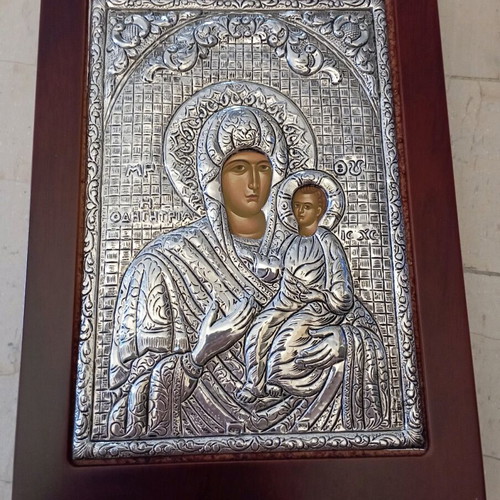 Silver icon of Panagia Odigitria with Christ on wooden base new