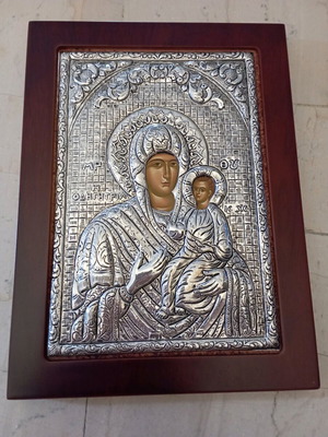 Silver icon of Panagia Odigitria with Christ on wooden base new
