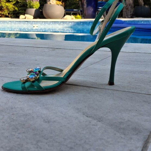 Marilena Emerald Green Satin and Leather Heeled Sandals like new, size 37