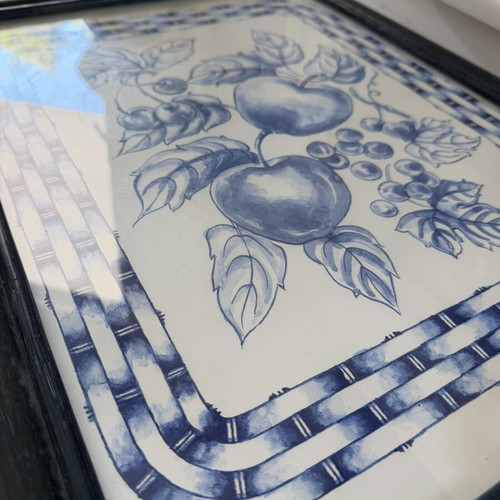 Vintage Bamboo Tray "Tiffany" Handpainted with Glass, collectible