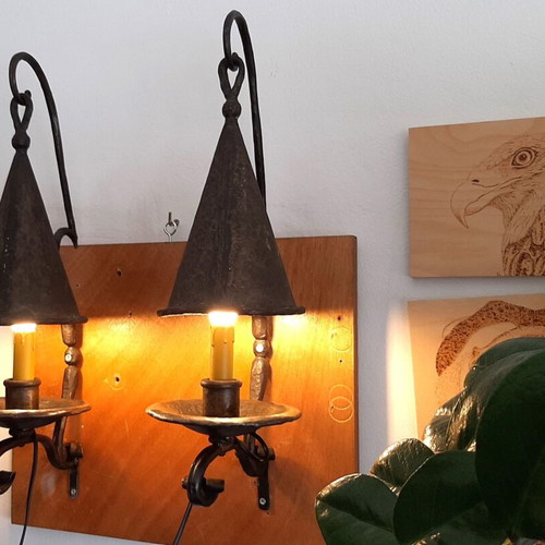 Vintage handmade wrought iron wall sconces set of 2 used