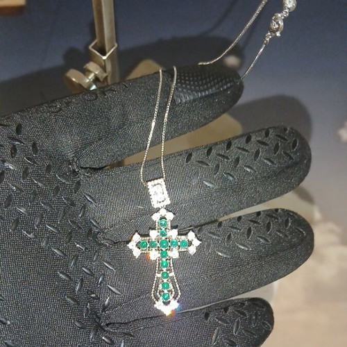 925 Cross with Green Sapphires and VVS1 Mineral Diamonds, New