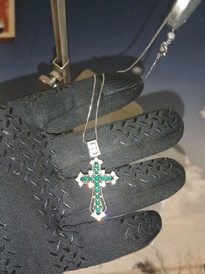 925 Cross with Green Sapphires and VVS1 Mineral Diamonds, New