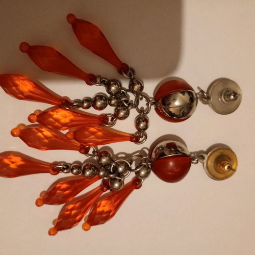 '90s Vintage Long Earrings Used, Orange and Gold Colors