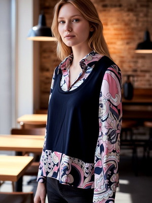 Bellino women's blouse like new, printed satin with black viscose